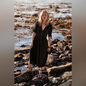 Free People Black Midi Button-Front Dress
